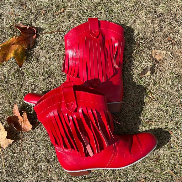 Cherry Red Vintage Fringe Cowboy Boots - Picture 13 of 14